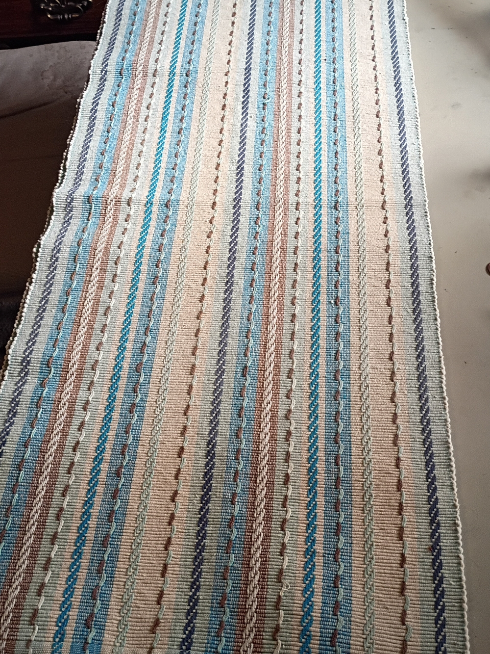 Striped Cotton Table  Runner - Blue, Tan & White 64x 13